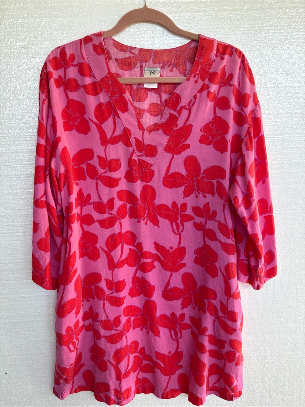 Natori Resort Tunic Pink Red Floral Pockets Cotton Coverup Size M Medium READ